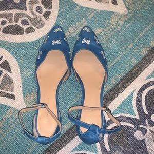 Anthropologie Kitten Heel Ankle Strap Blue Suede Shoes w/Embroidered Bows Sz 11